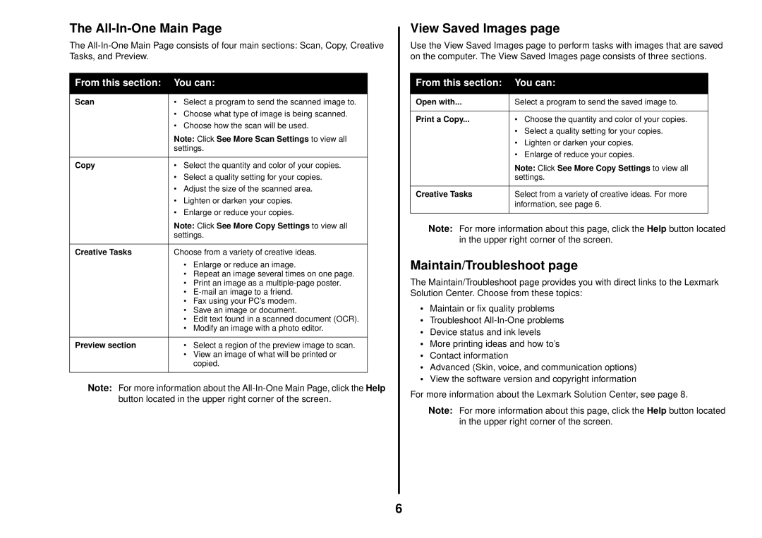 Lexmark 1200 Series manual All-In-One Main, View Saved Images, Maintain/Troubleshoot, From this section You can 