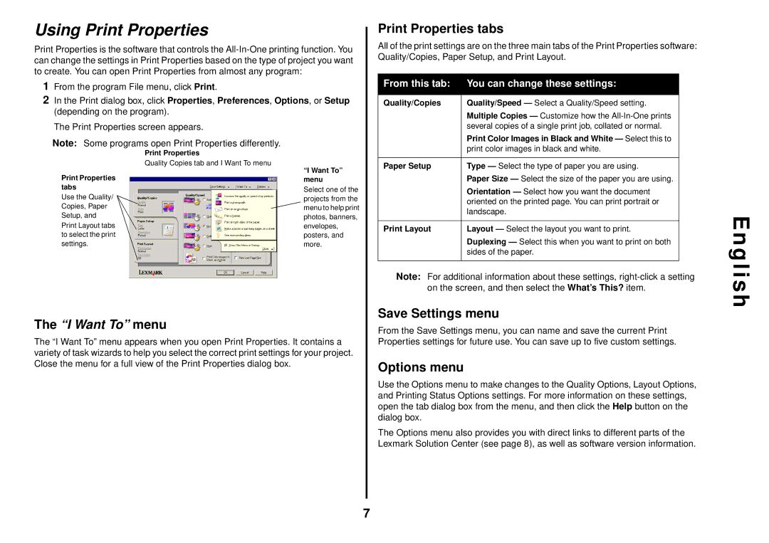 Lexmark 1200 Series manual Using Print Properties, Print Properties tabs, Save Settings menu, Options menu 