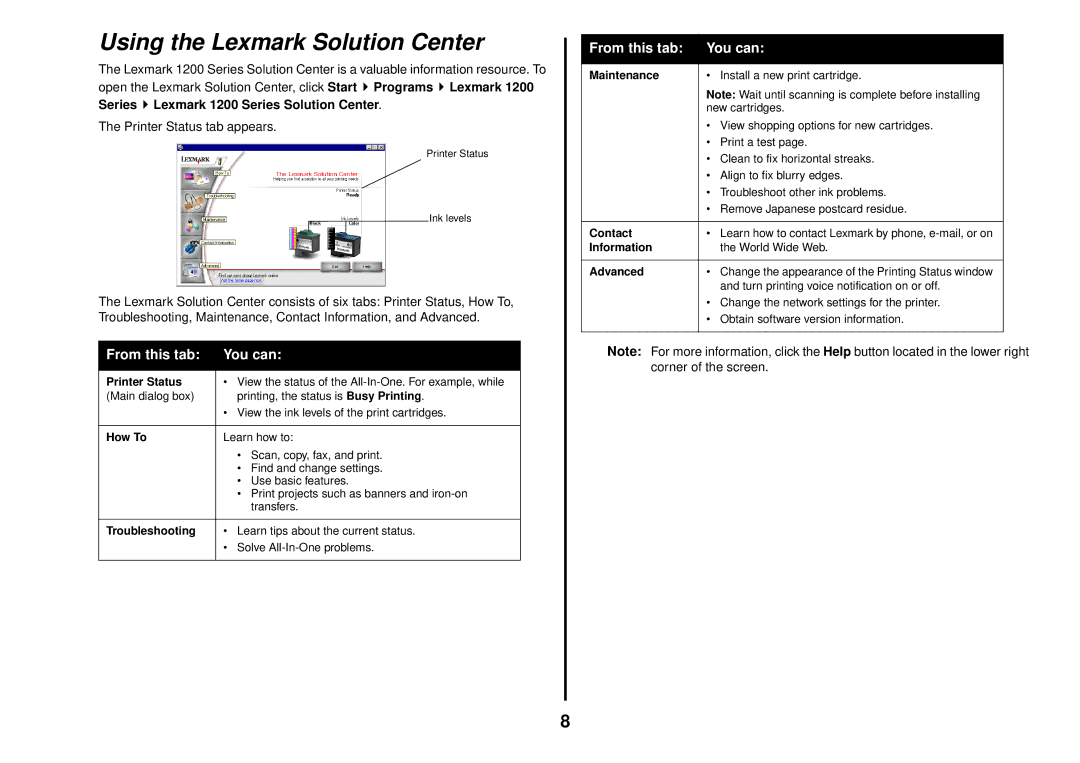 Lexmark manual Using the Lexmark Solution Center, From this tab You can, Series Lexmark 1200 Series Solution Center 