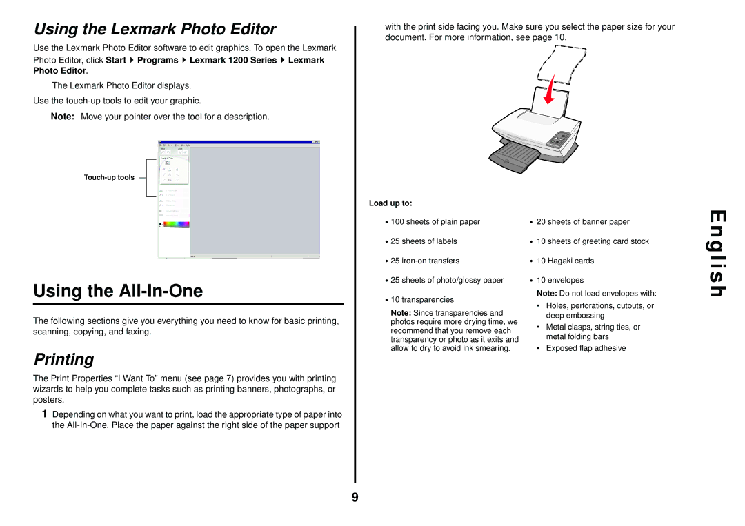 Lexmark 1200 Series manual Using the All-In-One, Using the Lexmark Photo Editor, Printing, Load up to 