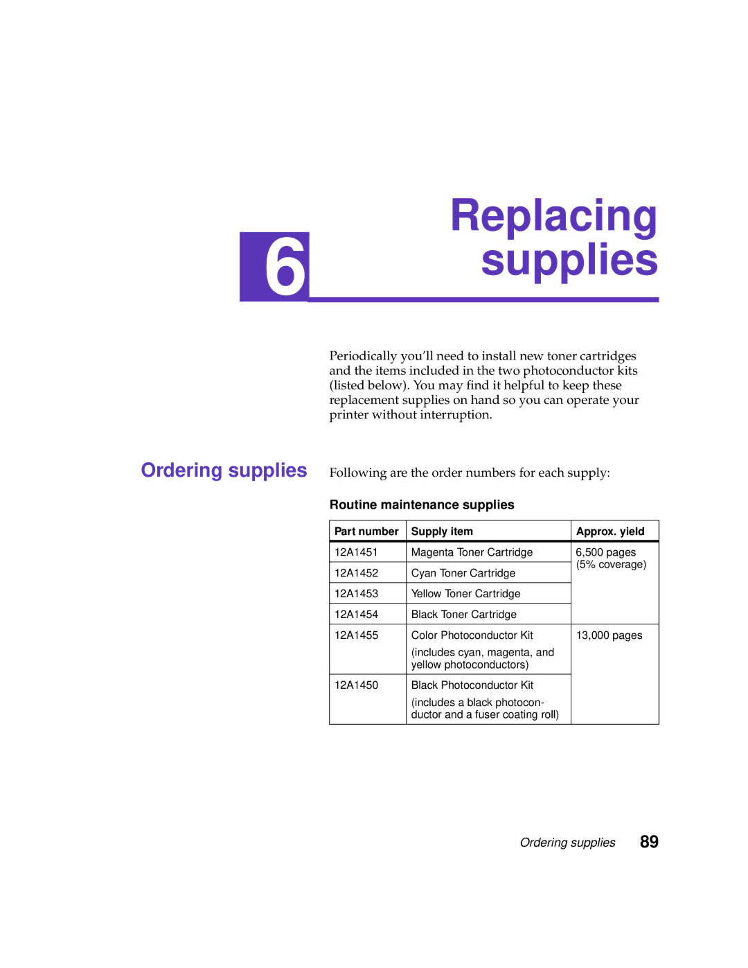 Lexmark 1200 manual Replacing supplies, Routine maintenance supplies 