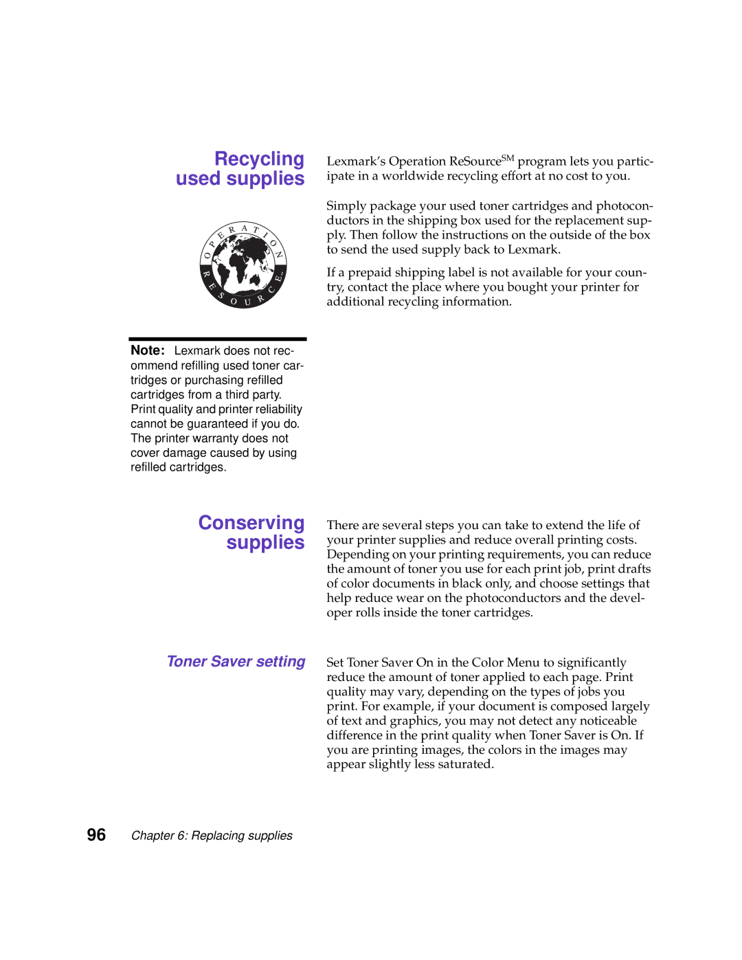 Lexmark 1200 manual Recycling used supplies, Conserving supplies 