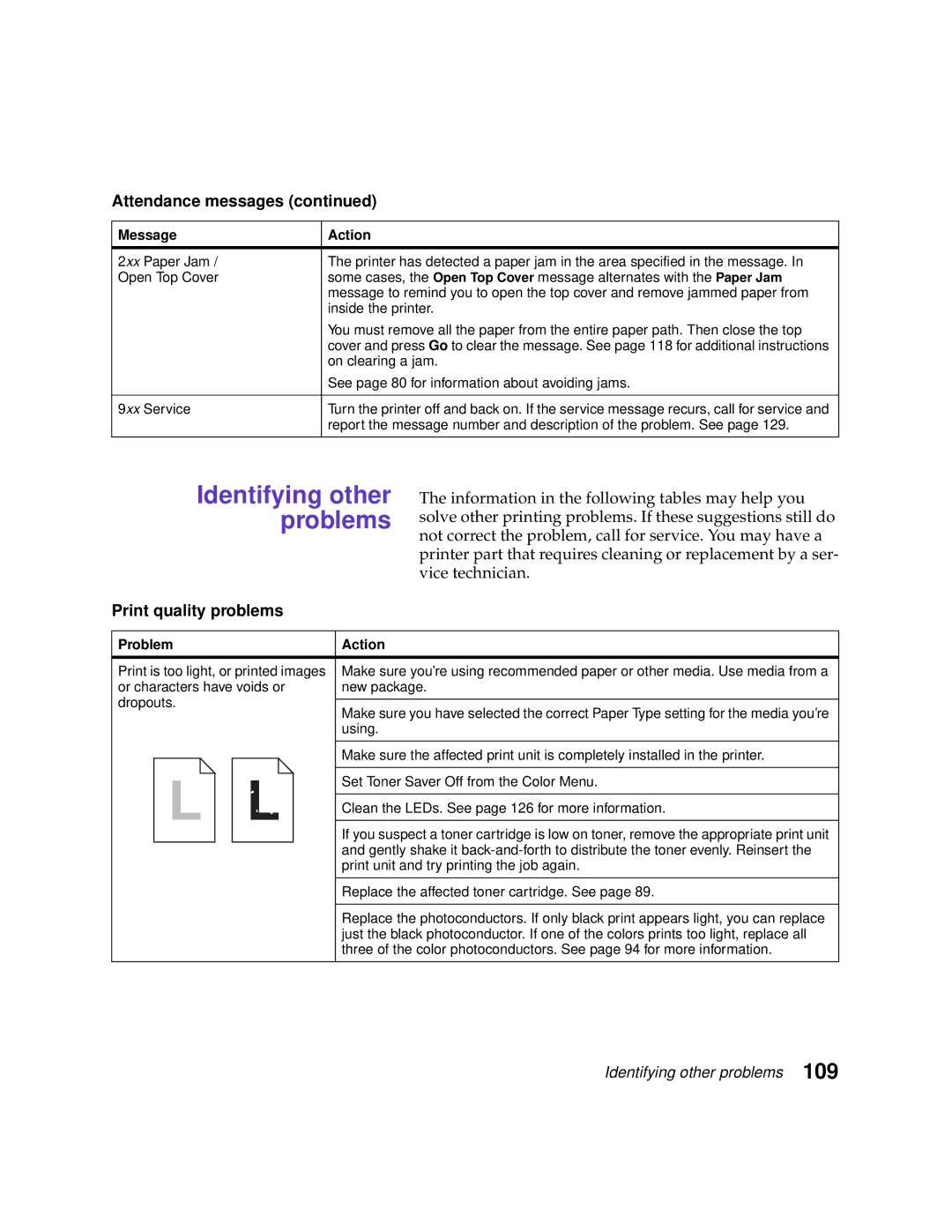 Lexmark 1200 manual Identifying other problems, Print quality problems 