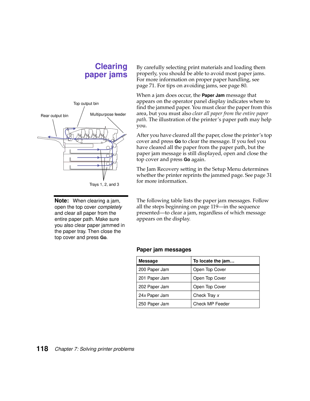 Lexmark 1200 manual Clearing paper jams, Paper jam messages 