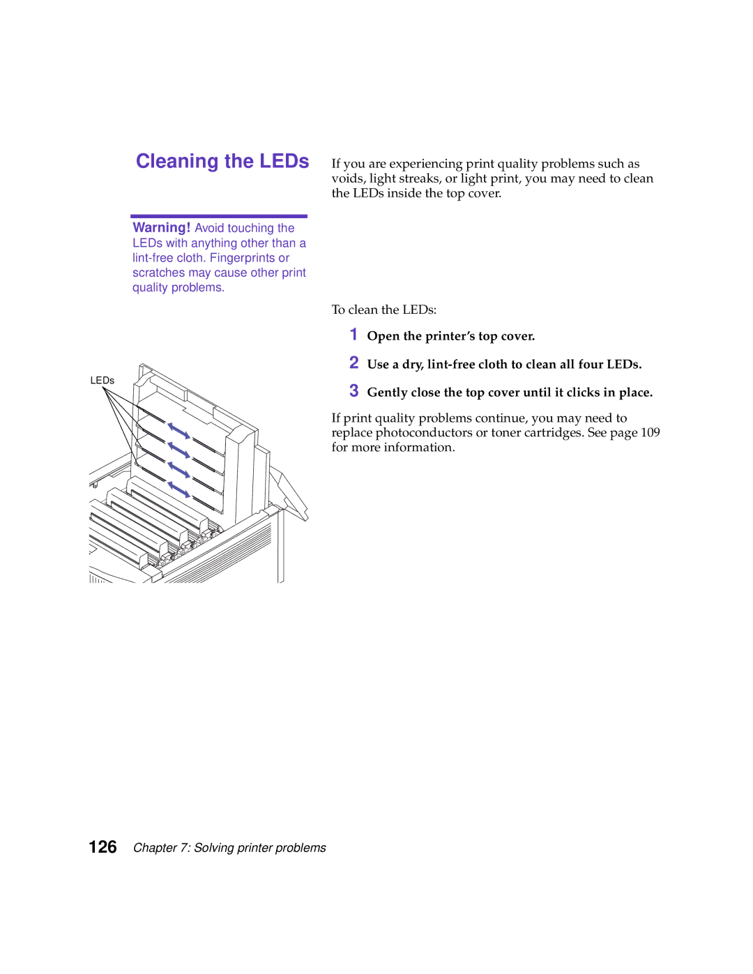 Lexmark 1200 manual Cleaning the LEDs 