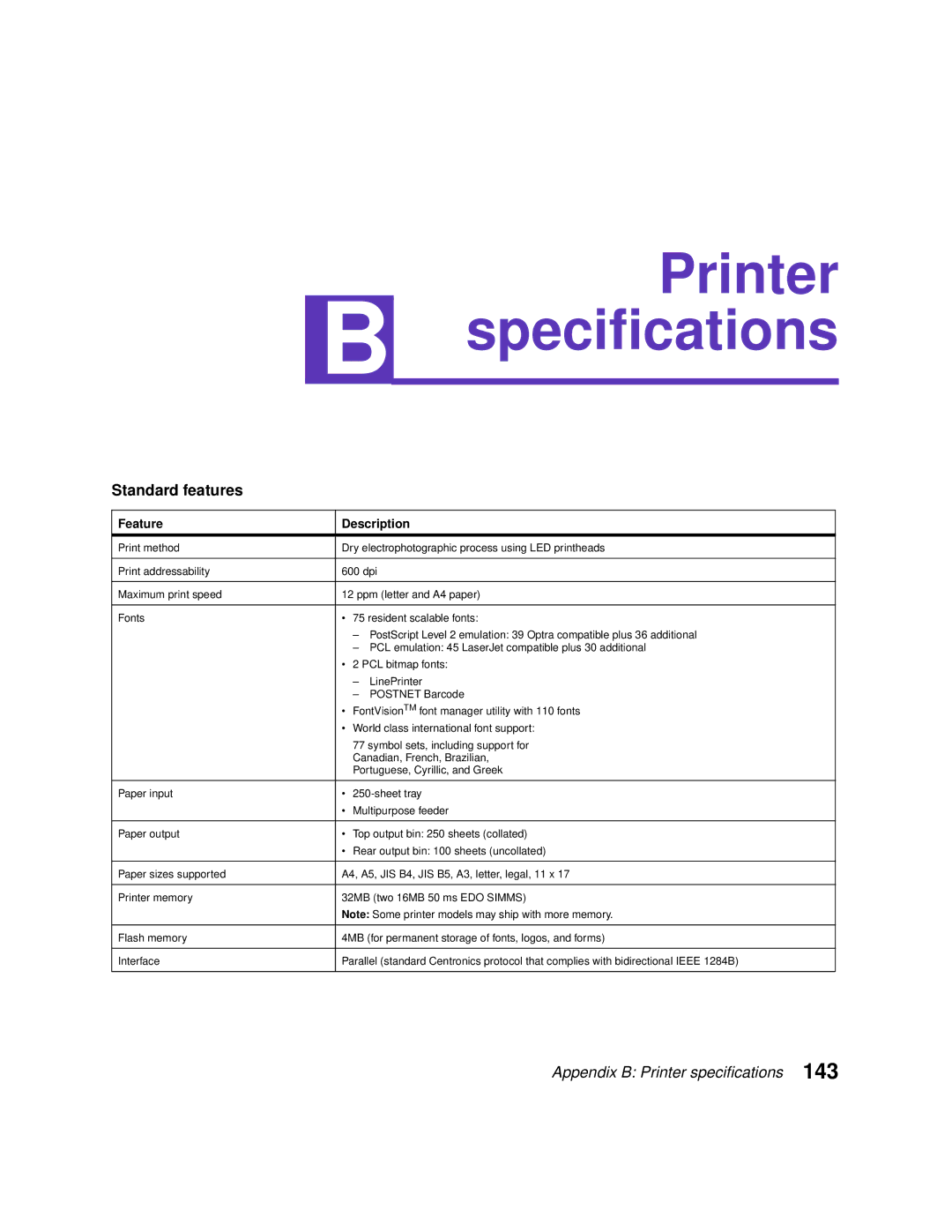 Lexmark 1200 manual Printer specifications, Standard features 