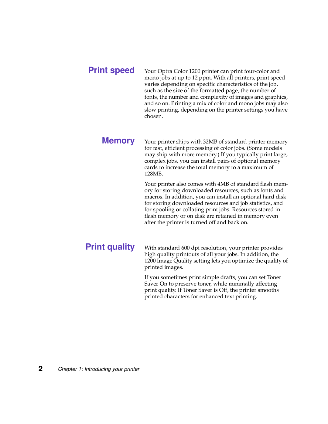 Lexmark 1200 manual Memory Print quality 