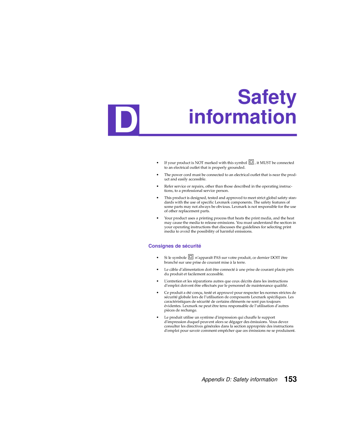 Lexmark 1200 manual Safety information, Consignes de sécurité 