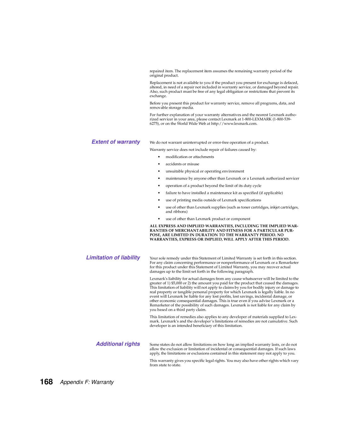 Lexmark 1200 manual Extent of warranty Limitation of liability Additional rights 