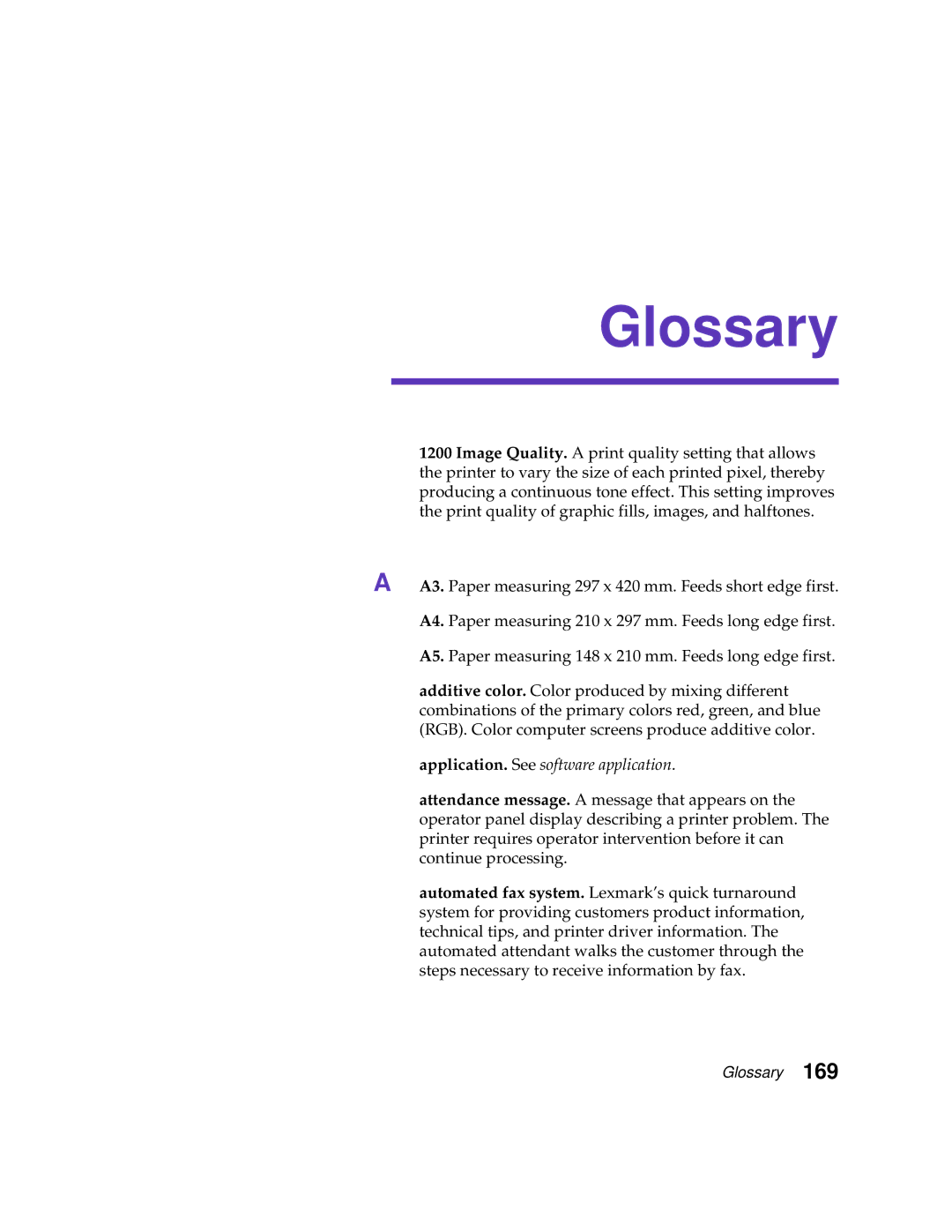 Lexmark 1200 manual Glossary, Application. See software application 