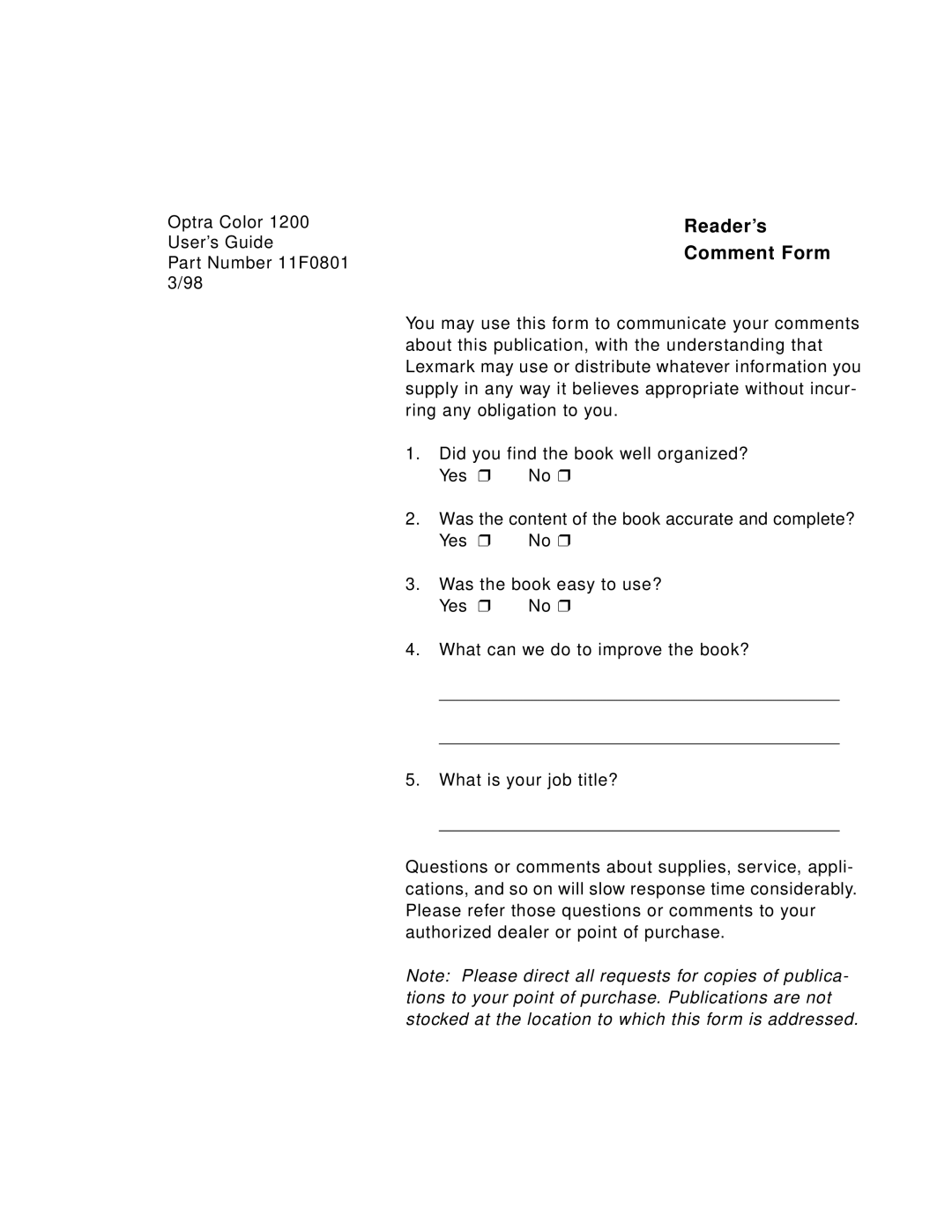 Lexmark 1200 manual Reader’s Comment Form 