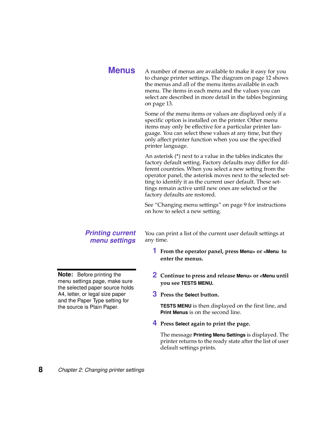 Lexmark 1200 manual Menus, Printing current menu settings 