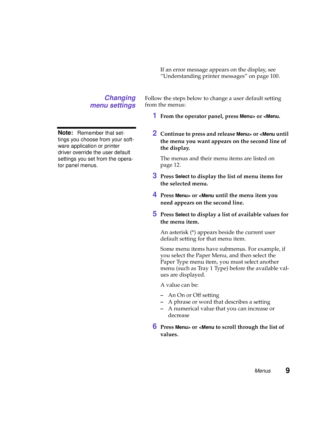 Lexmark 1200 manual Changing menu settings 