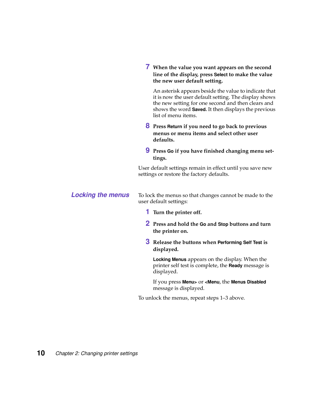 Lexmark 1200 manual To unlock the menus, repeat steps 1-3 above 