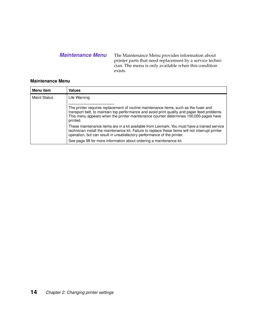 Lexmark 1200 manual Maintenance Menu, Printed 