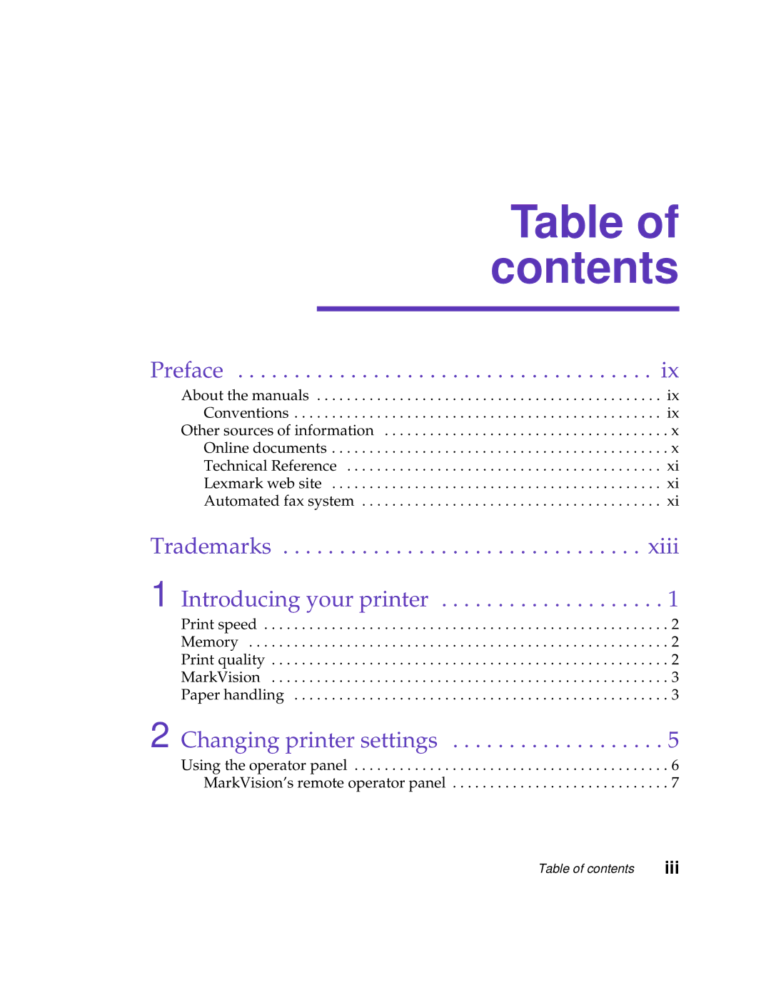 Lexmark 1200 manual Table of contents 