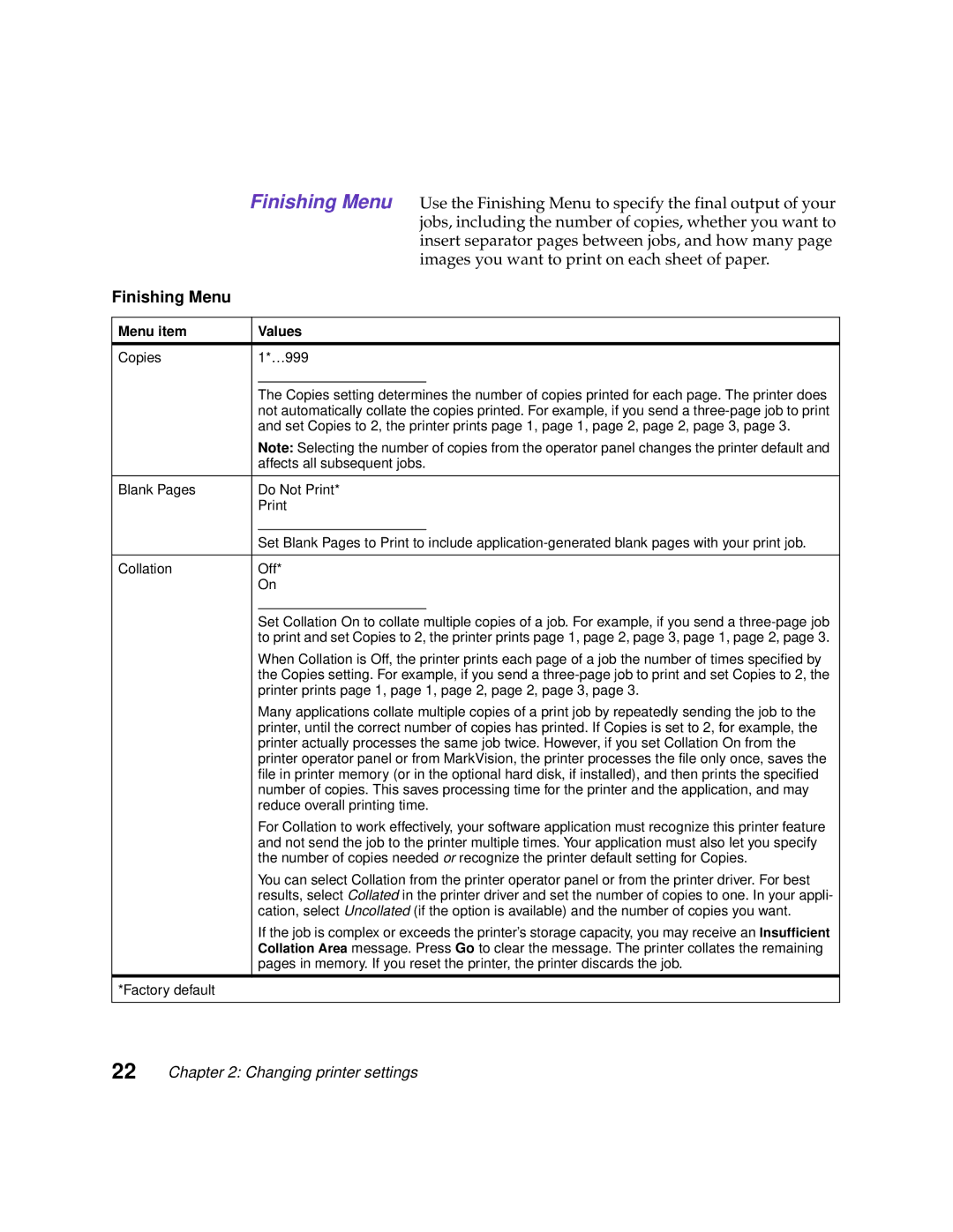 Lexmark 1200 manual Finishing Menu 