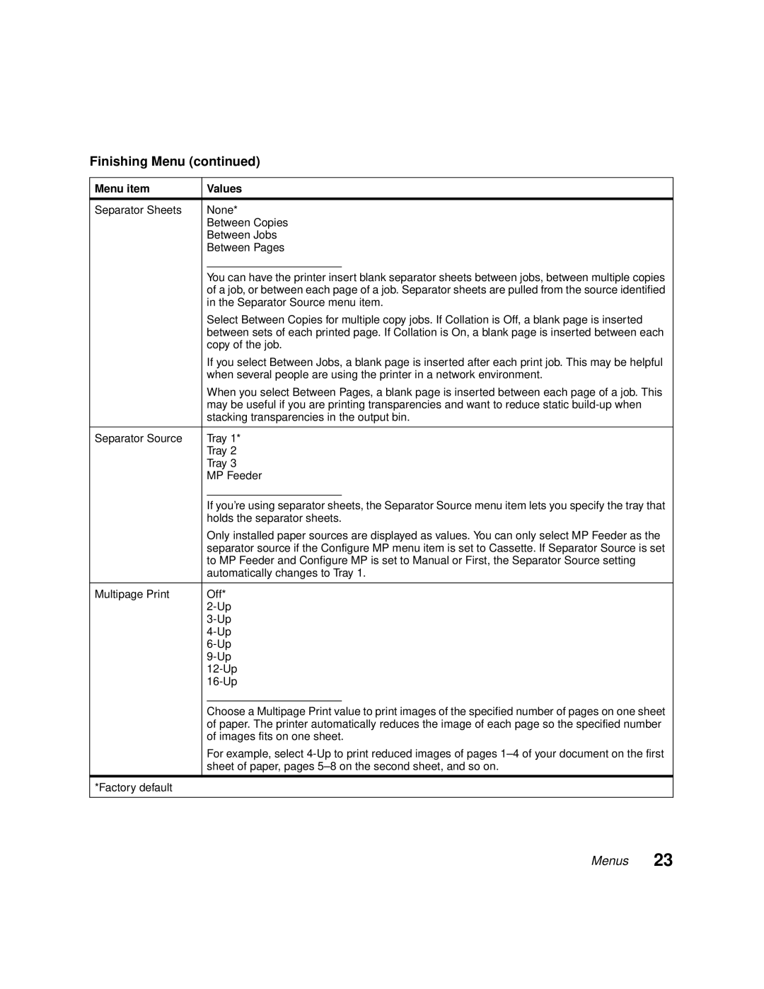 Lexmark 1200 manual Separator Source menu item, Copy of the job, Stacking transparencies in the output bin 