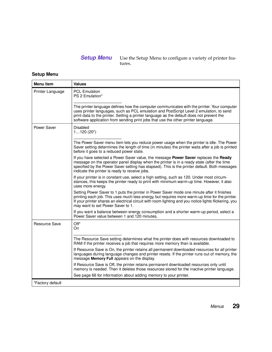 Lexmark 1200 manual Setup Menu 