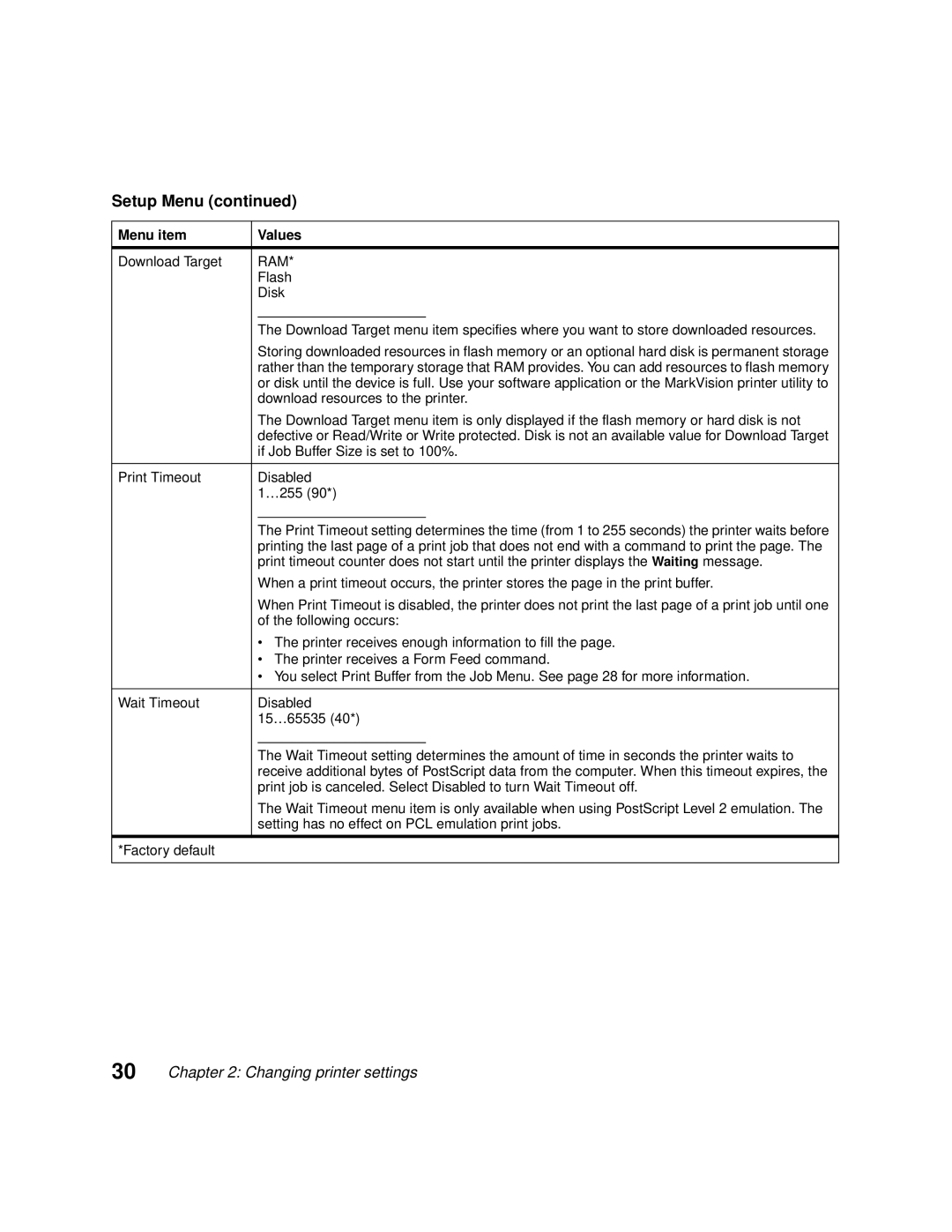 Lexmark 1200 manual Download Target, Flash, Disk, Download resources to the printer, If Job Buffer Size is set to 100% 