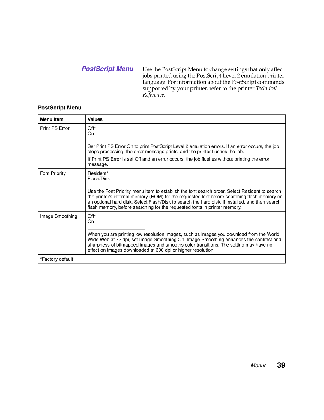 Lexmark 1200 manual PostScript Menu, Image Smoothing Off, Effect on images downloaded at 300 dpi or higher resolution 