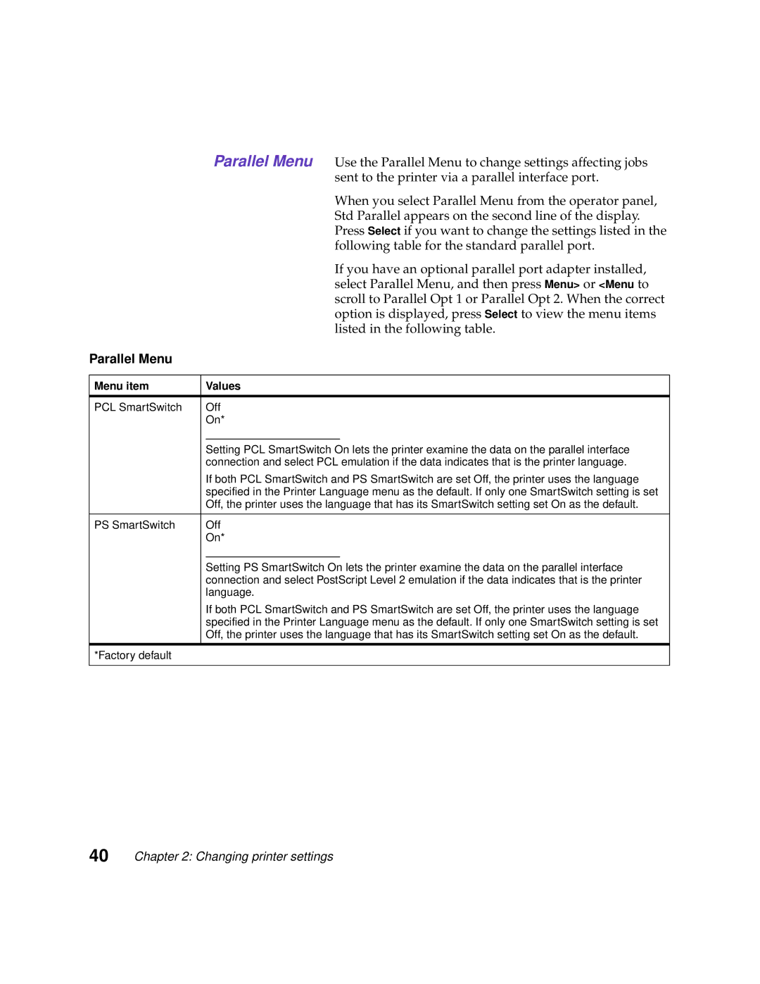 Lexmark 1200 manual Parallel Menu 