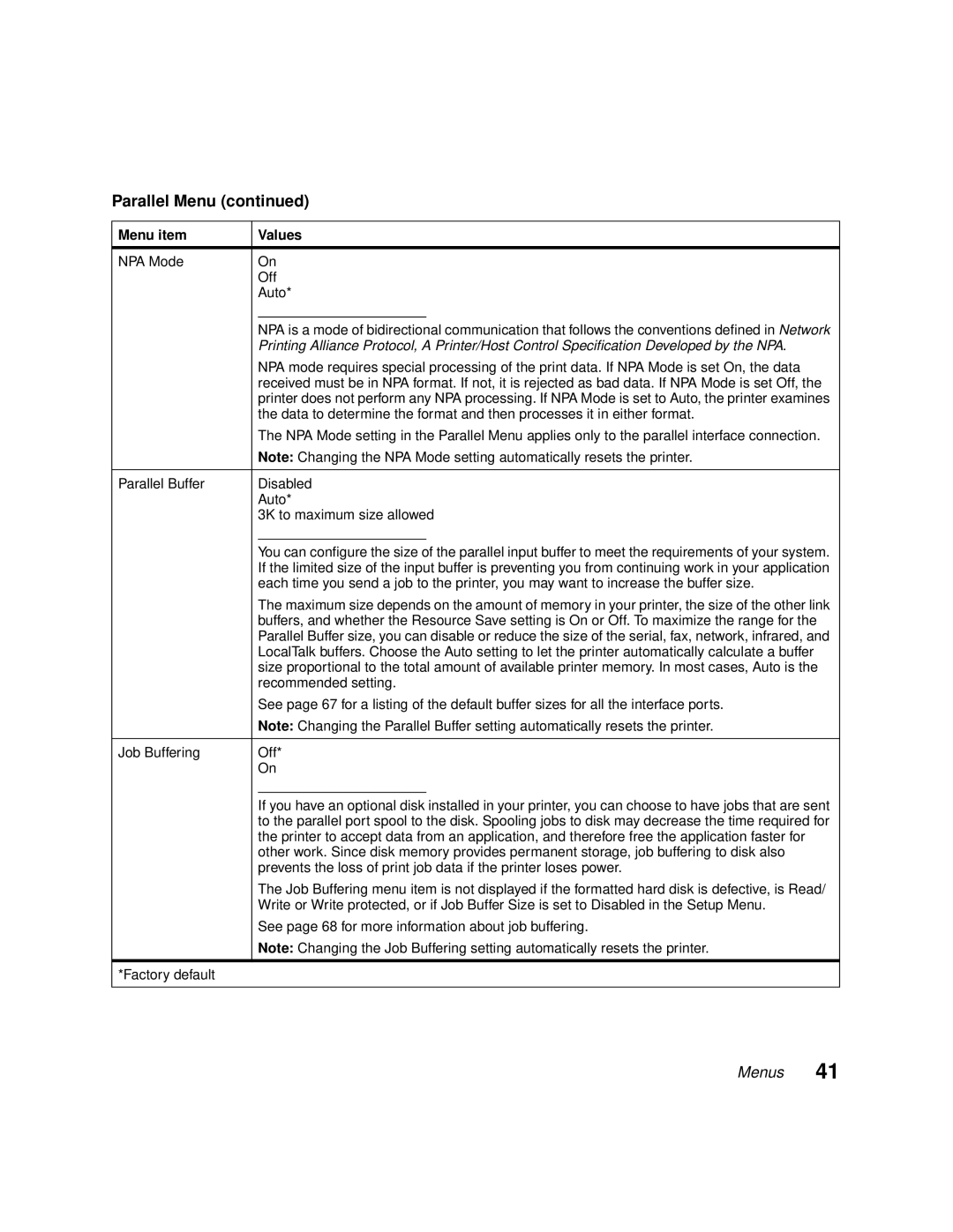 Lexmark 1200 manual NPA Mode Off Auto, Parallel Buffer Disabled Auto 3K to maximum size allowed, Recommended setting 