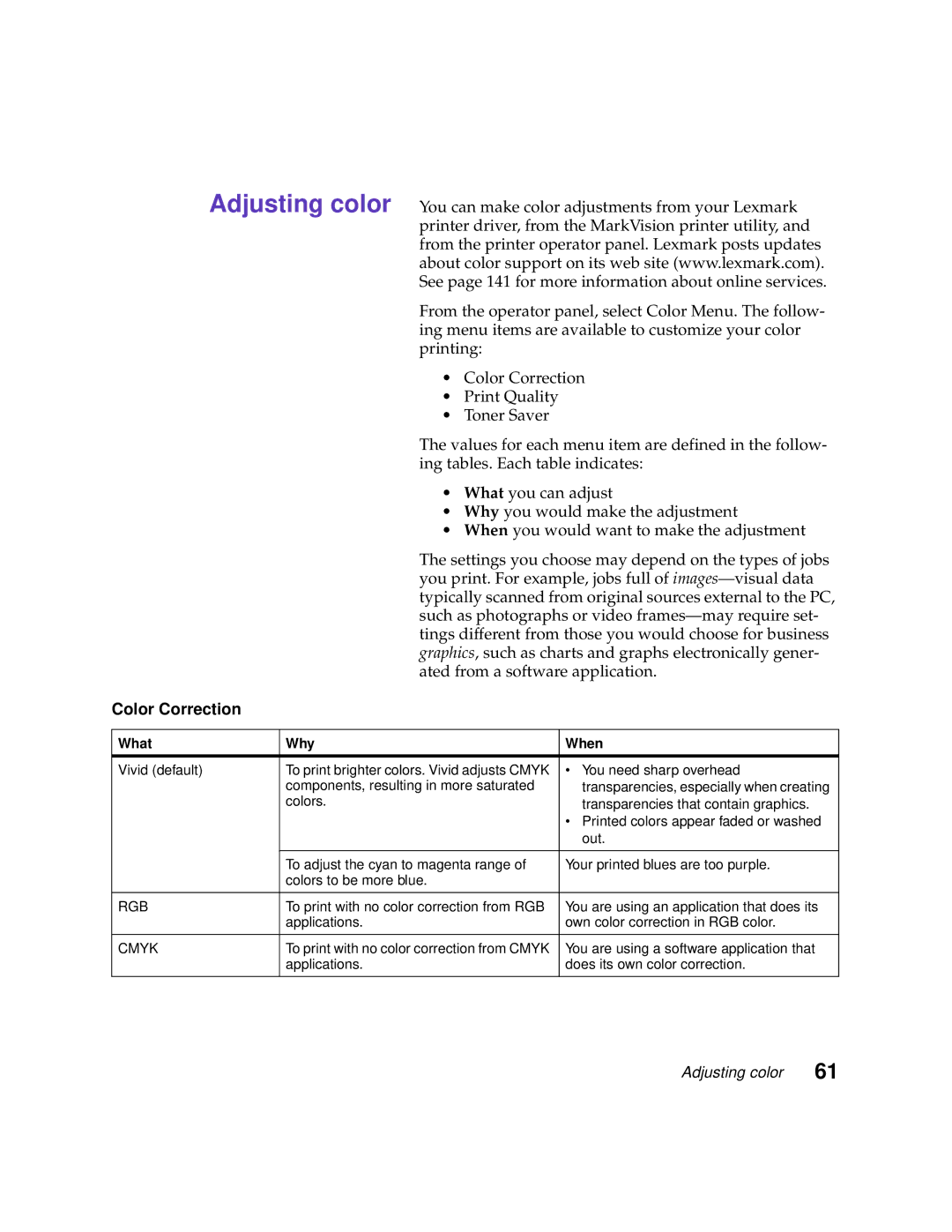 Lexmark 1200 manual Color Correction, What Why When 