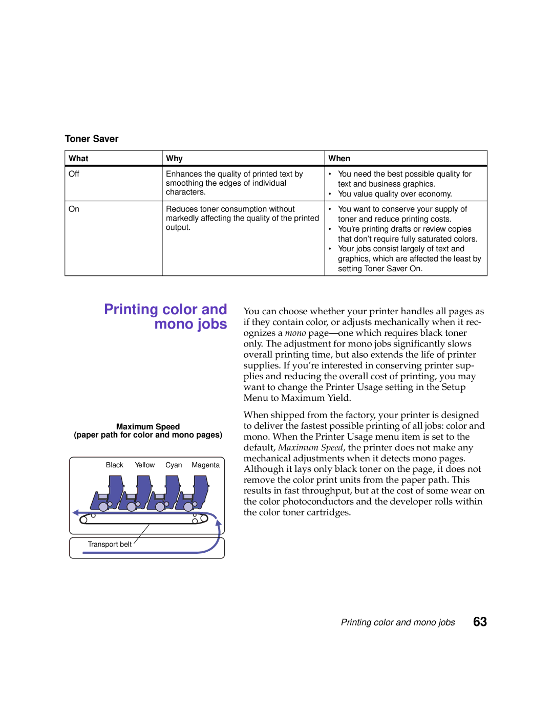 Lexmark 1200 manual Printing color and mono jobs, Toner Saver 