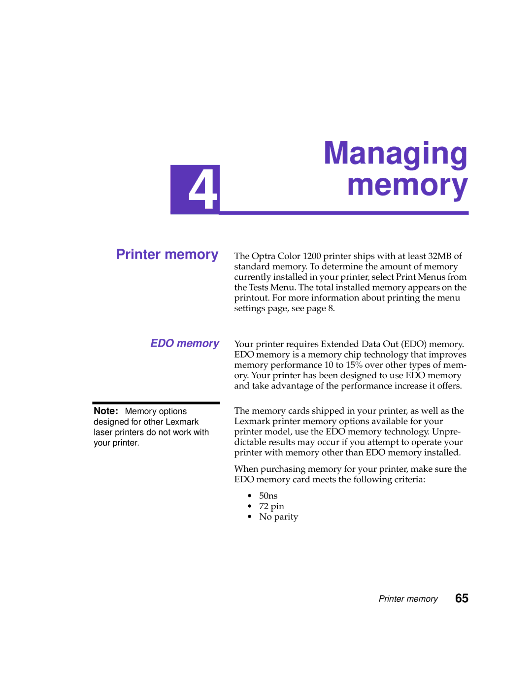 Lexmark 1200 manual Managing memory 