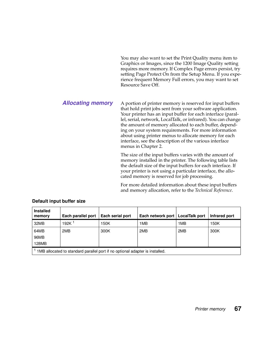 Lexmark 1200 manual Default input buffer size, 32MB 192K 150K, 64MB, 300K 