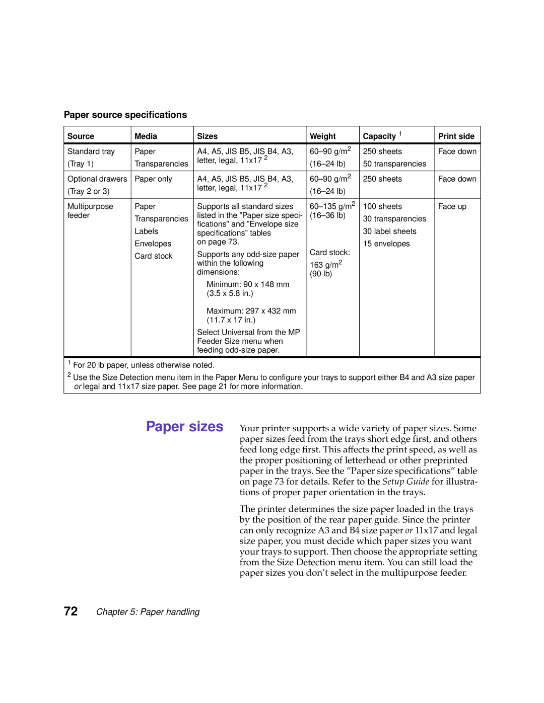 Lexmark 1200 manual Paper source specifications, Source Media Sizes Weight Capacity Print side 