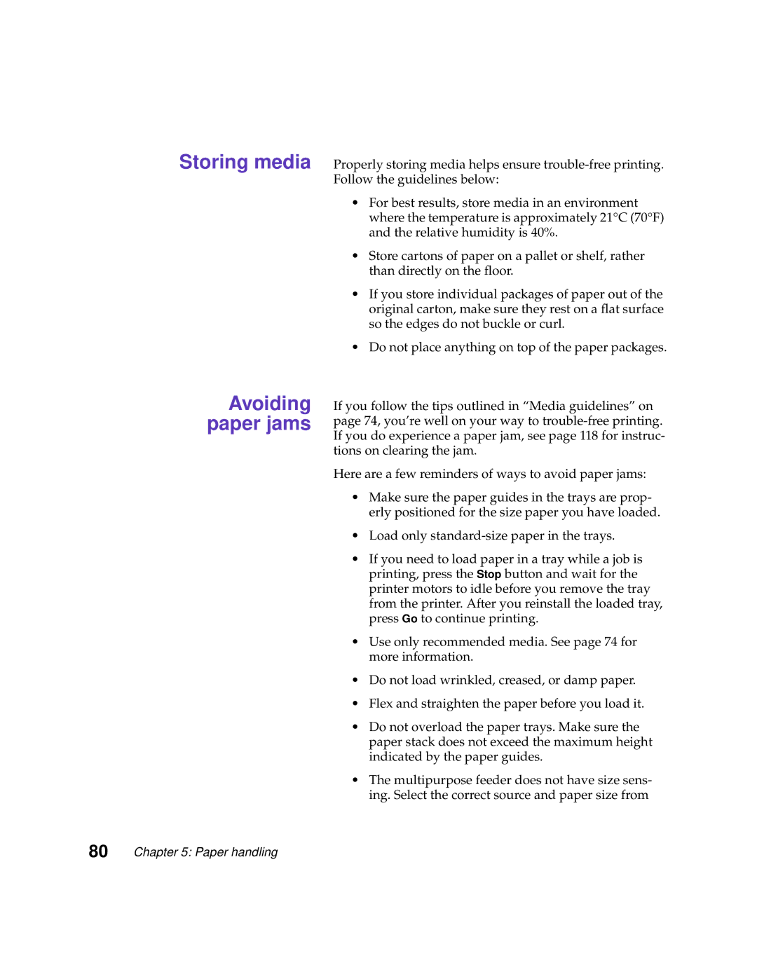 Lexmark 1200 manual Storing media Avoiding paper jams 