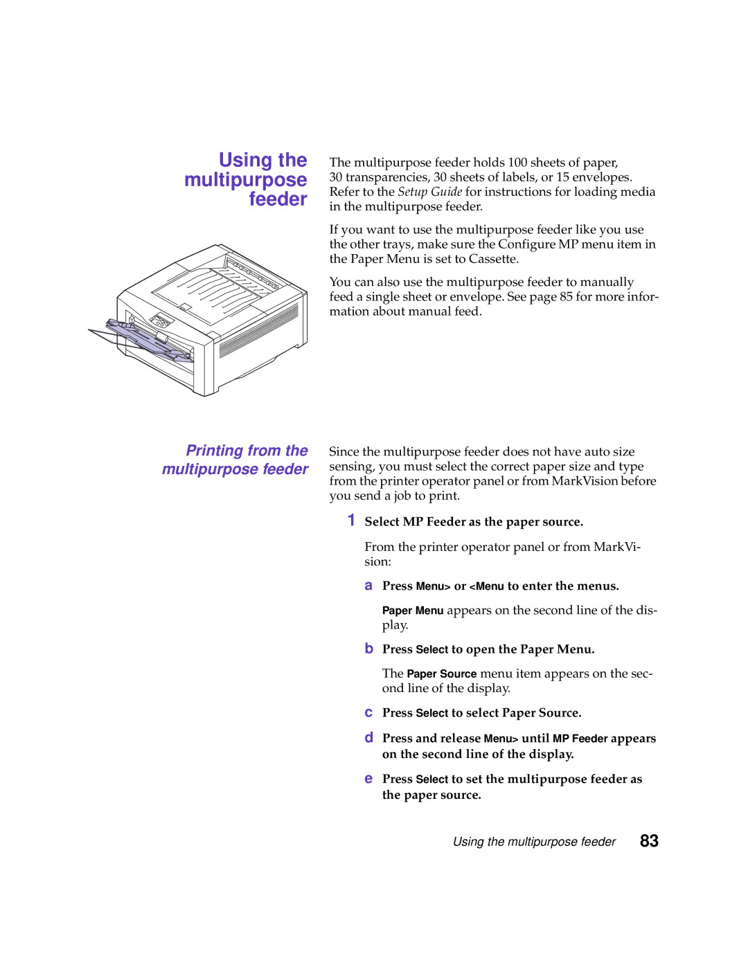 Lexmark 1200 manual Using the multipurpose feeder, Printing from the multipurpose feeder 