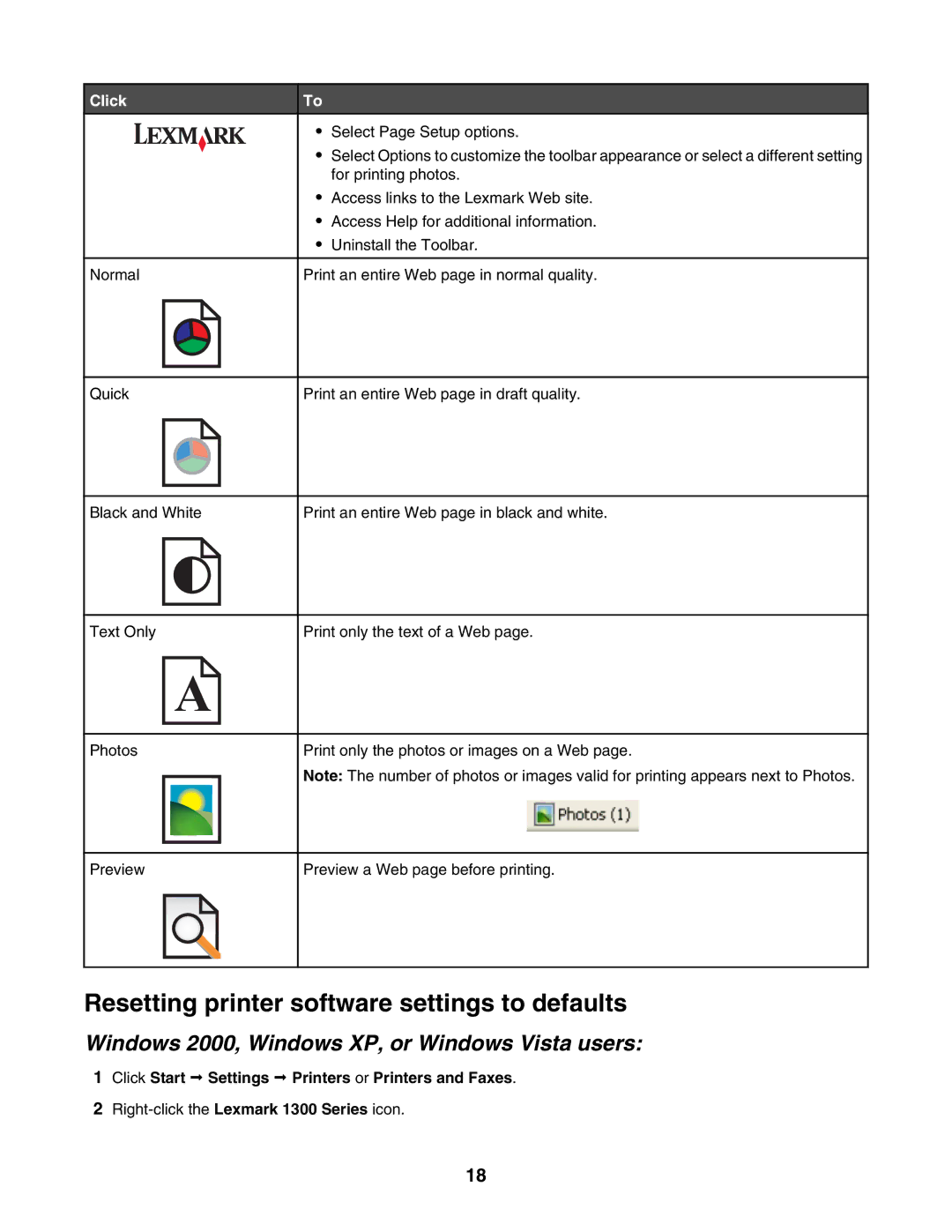 Lexmark 1300 Series Resetting printer software settings to defaults, Windows 2000, Windows XP, or Windows Vista users 