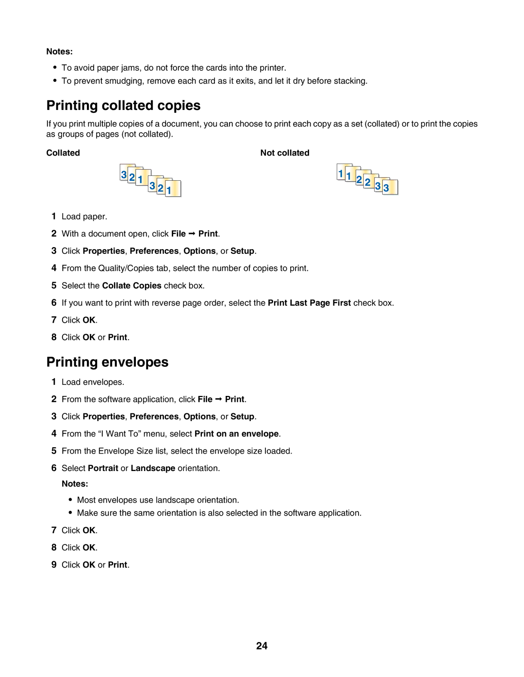 Lexmark 1300 Series manual Printing collated copies, Printing envelopes, Collated Not collated 