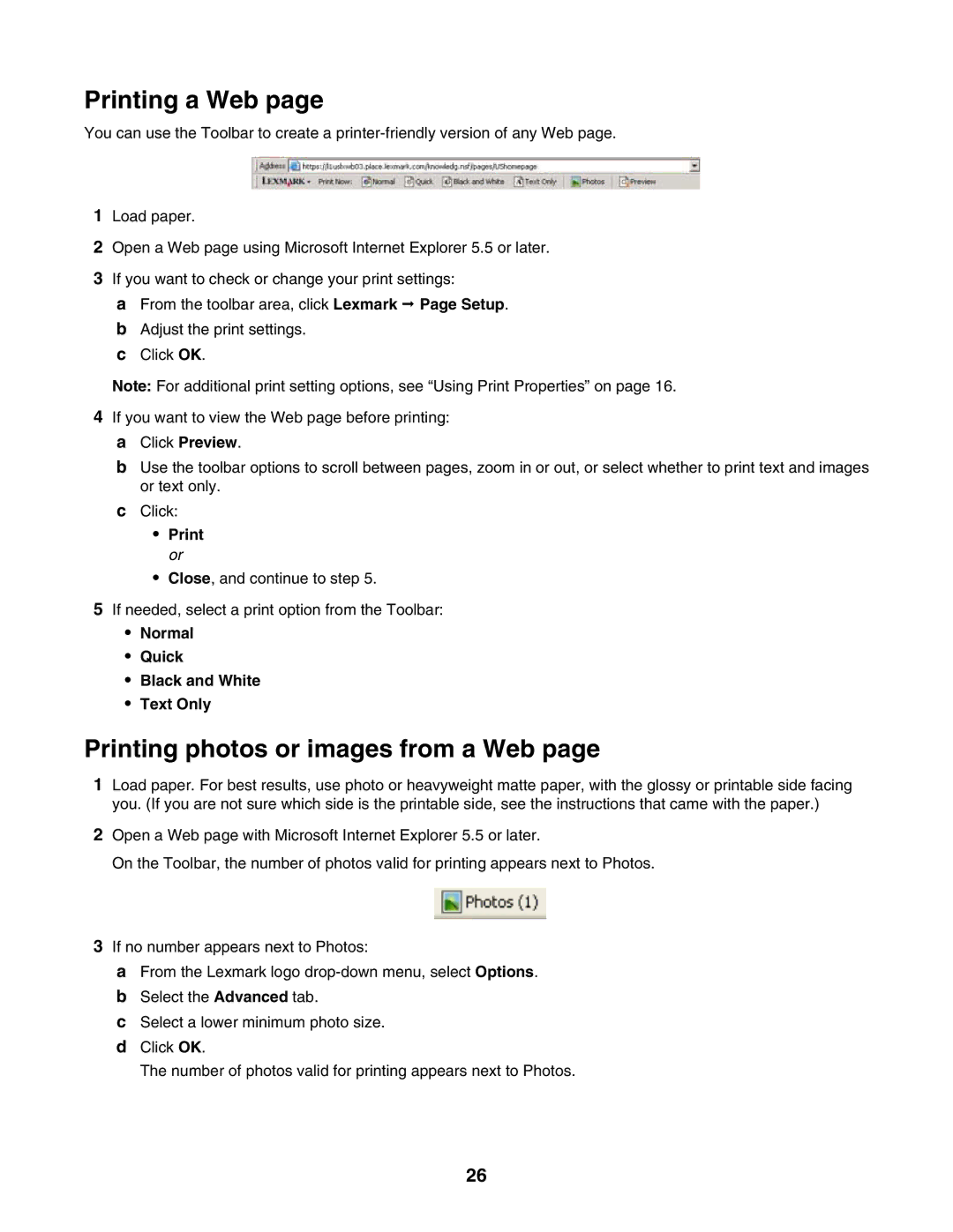 Lexmark 1300 Series Printing a Web, Printing photos or images from a Web, Print or, Normal Quick Black and White Text Only 