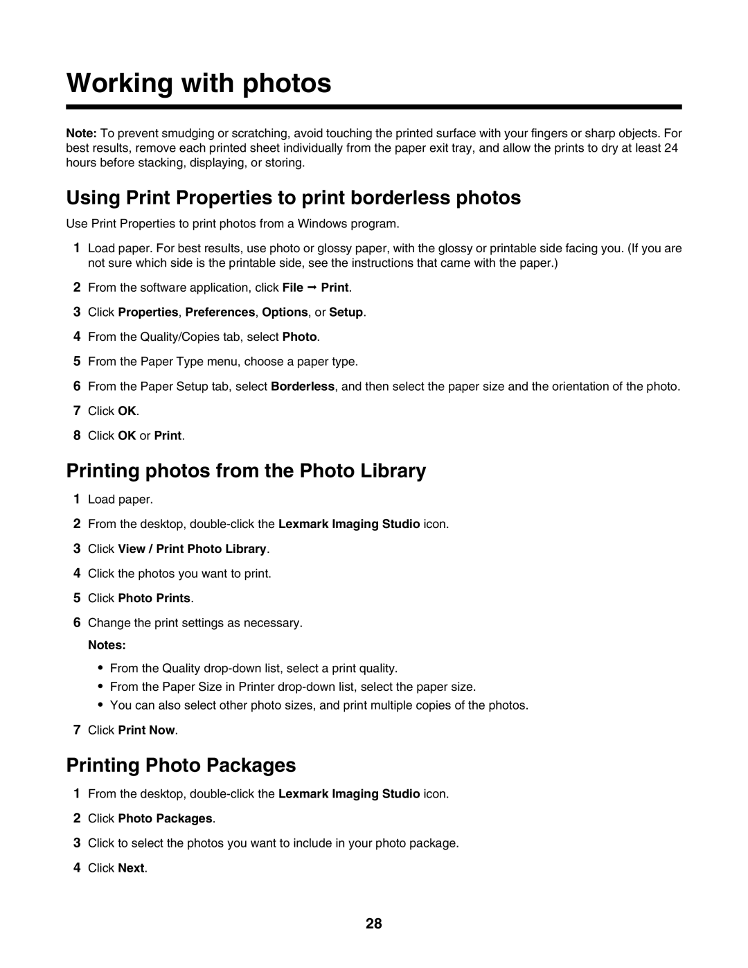 Lexmark 1300 Series manual Working with photos, Using Print Properties to print borderless photos, Printing Photo Packages 