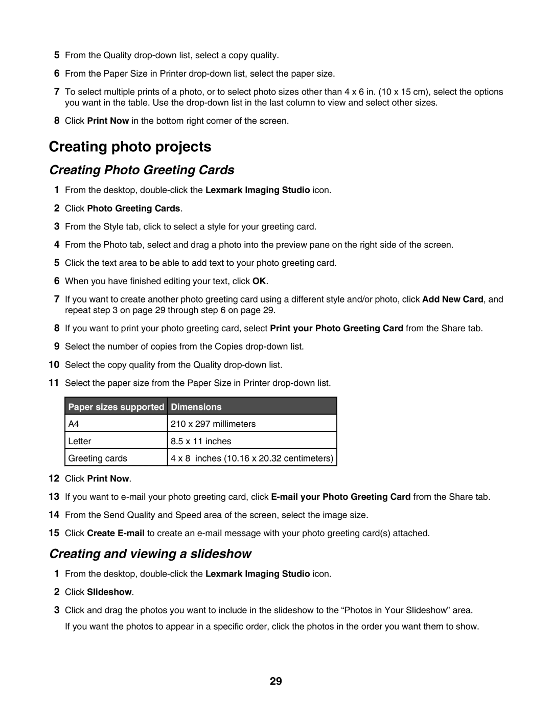 Lexmark 1300 Series manual Creating photo projects, Creating Photo Greeting Cards, Creating and viewing a slideshow 