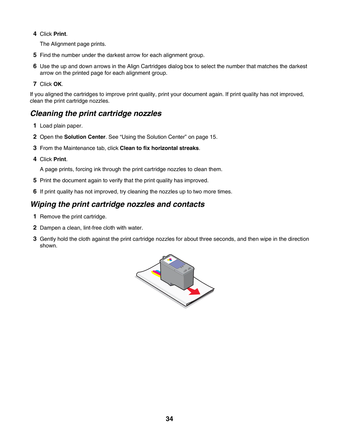 Lexmark 1300 Series manual Cleaning the print cartridge nozzles, Wiping the print cartridge nozzles and contacts 