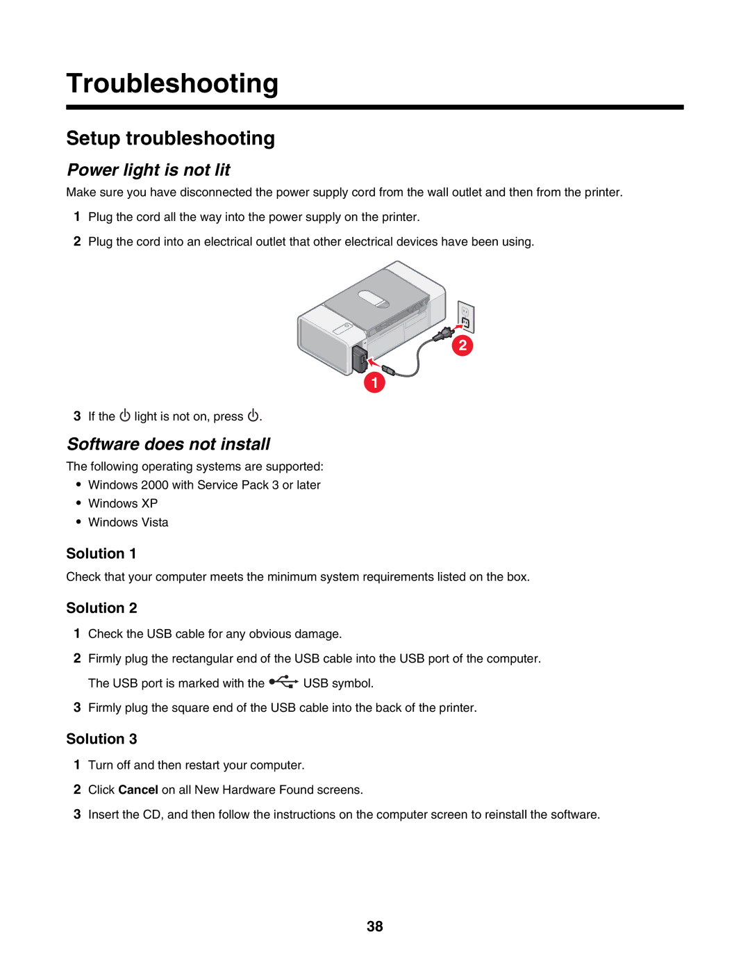 Lexmark 1300 Series manual Troubleshooting, Setup troubleshooting, Power light is not lit, Software does not install 