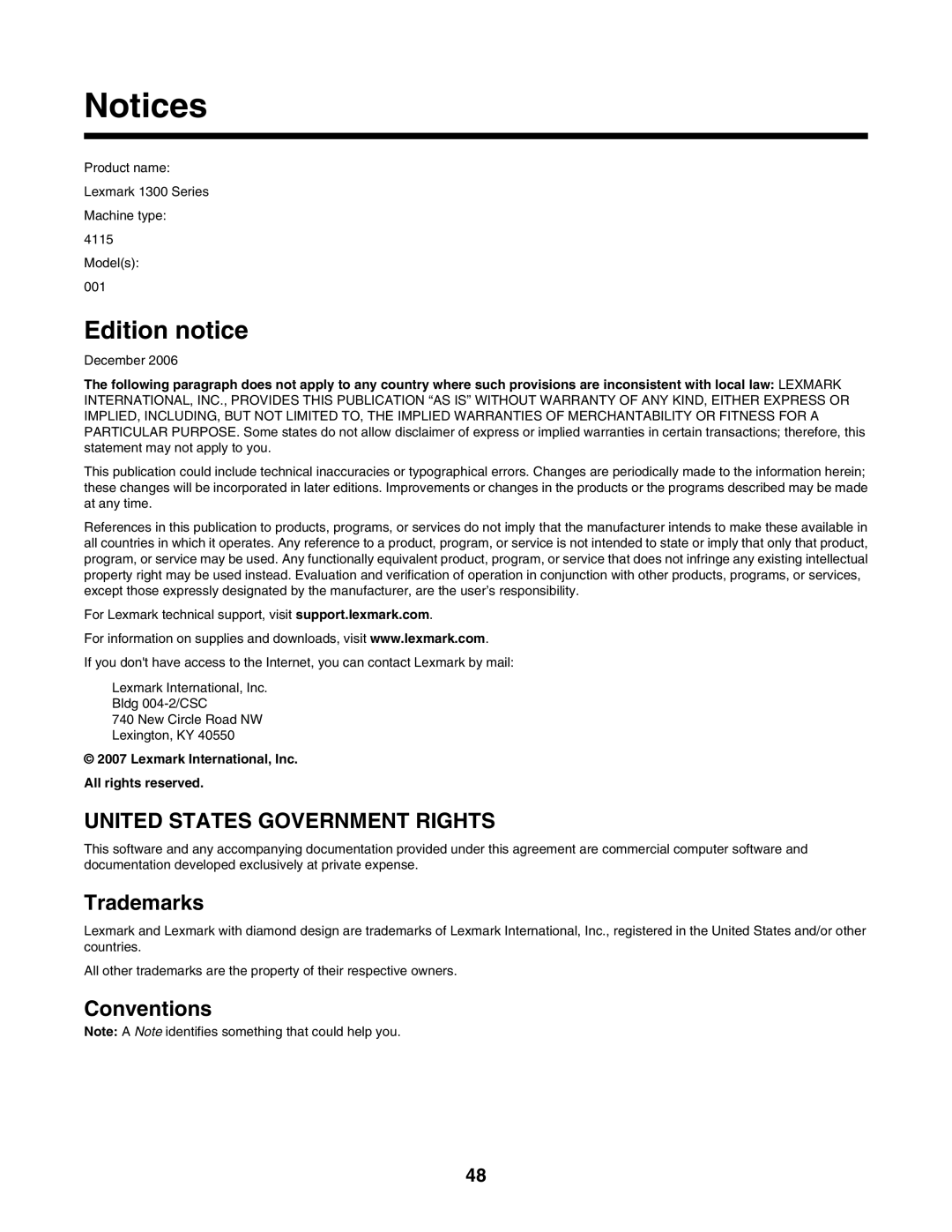 Lexmark 1300 Series manual Edition notice, United States Government Rights 