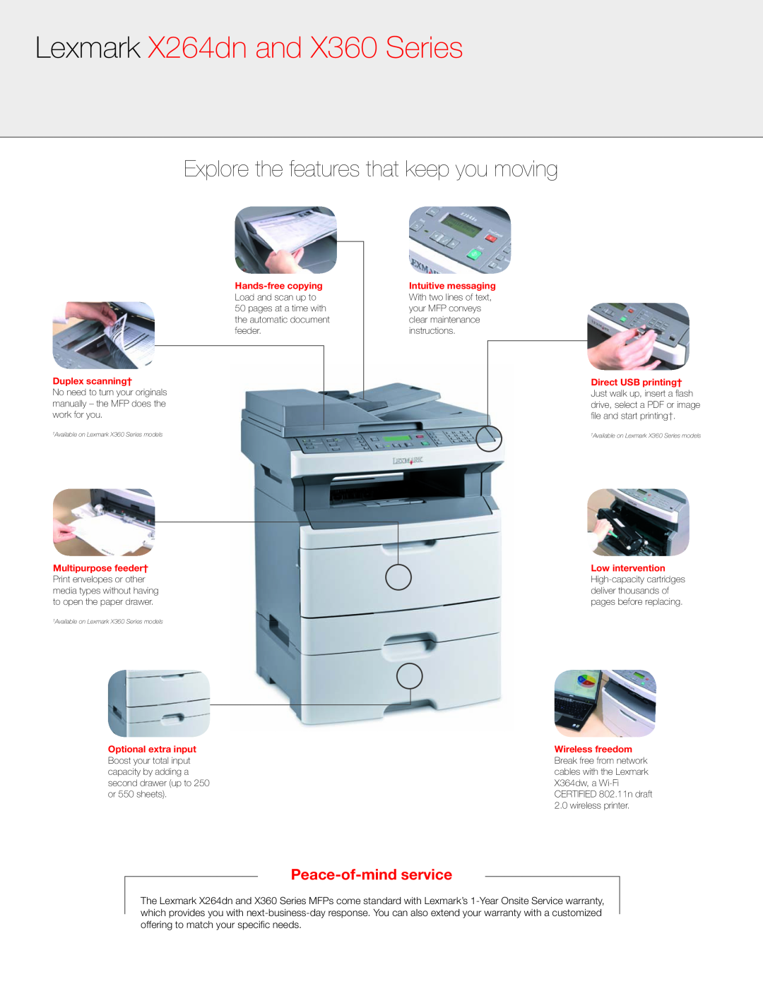 Lexmark X364dn, 13B0501 Explore the features that keep you moving, Lexmark X264dn and X360 Series, Peace-of-mindservice 