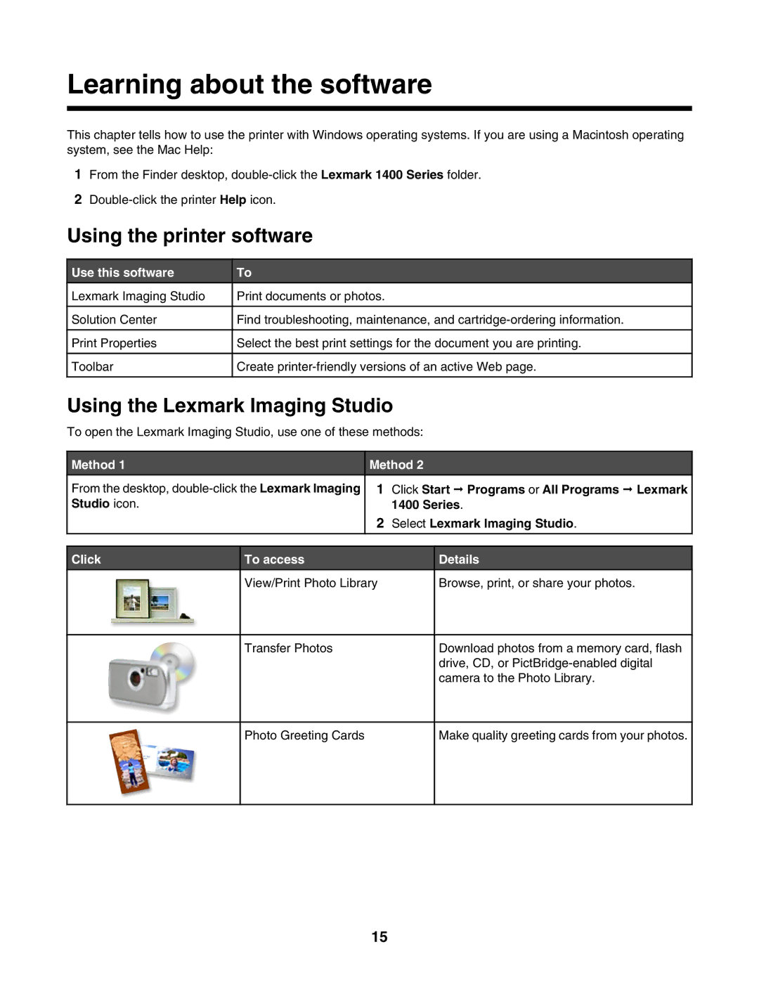 Lexmark 1400 Series manual Learning about the software, Using the printer software, Using the Lexmark Imaging Studio 