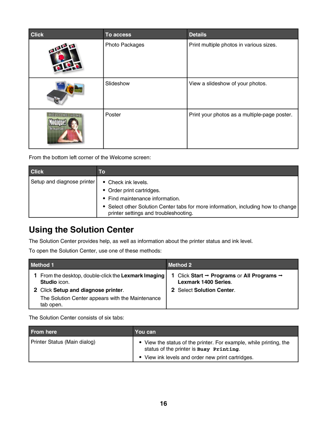 Lexmark 1400 Series manual Using the Solution Center, Click, From here You can 