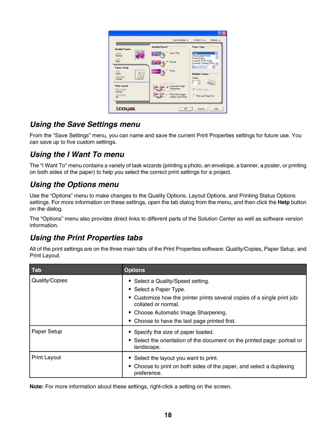 Lexmark 1400 Series manual Using the Save Settings menu, Using the I Want To menu, Using the Options menu, Tab Options 