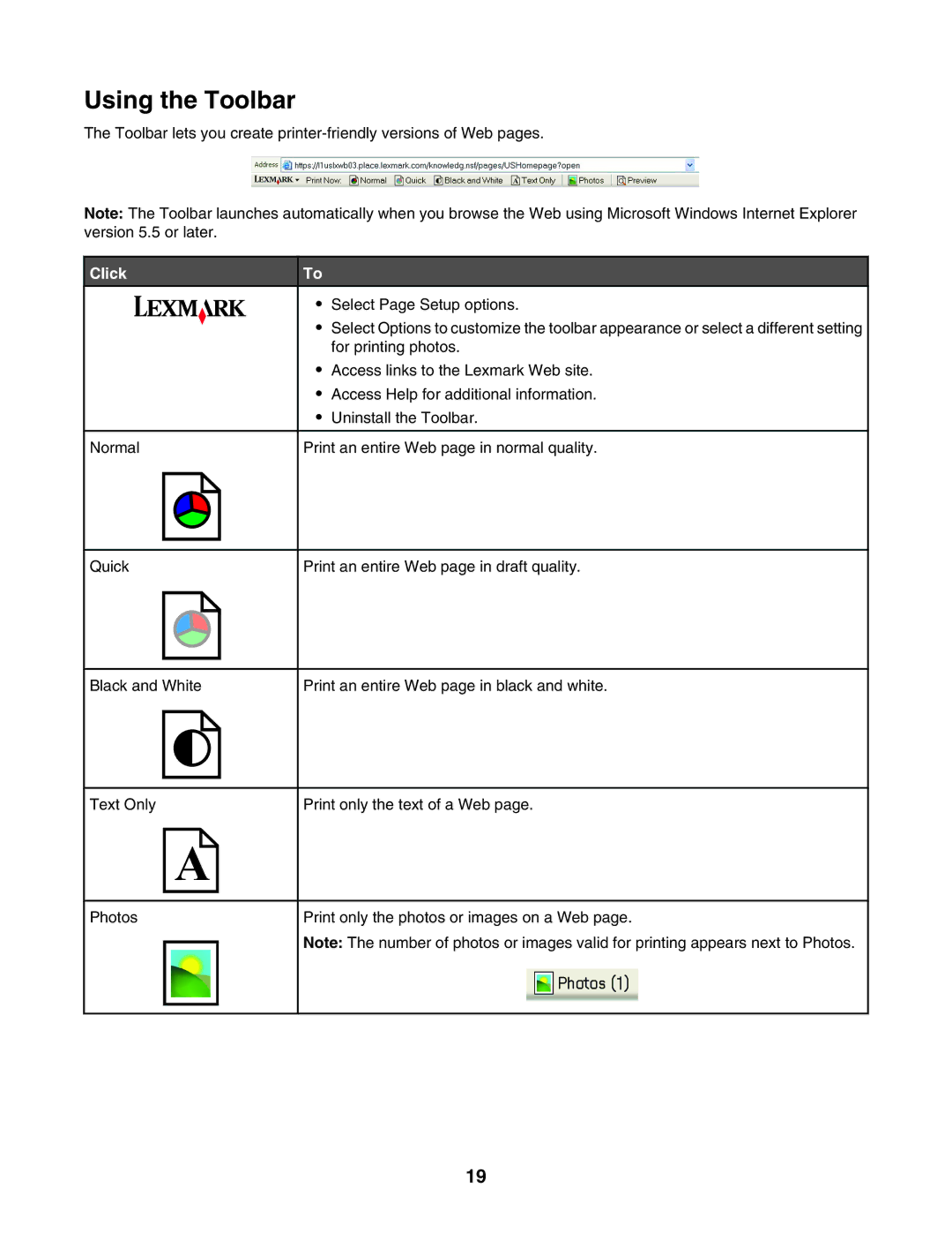 Lexmark 1400 Series manual Using the Toolbar, Click 