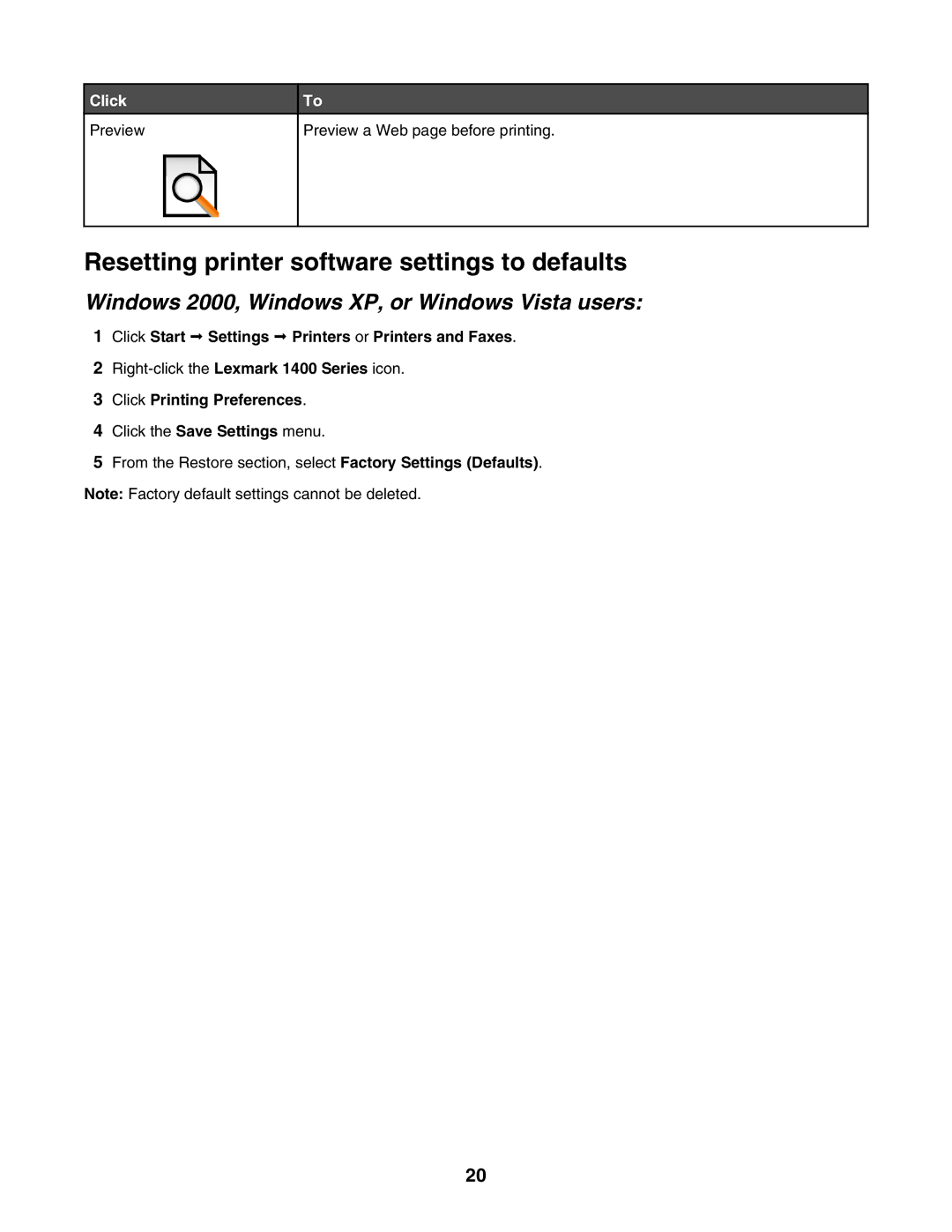 Lexmark 1400 Series Resetting printer software settings to defaults, Windows 2000, Windows XP, or Windows Vista users 
