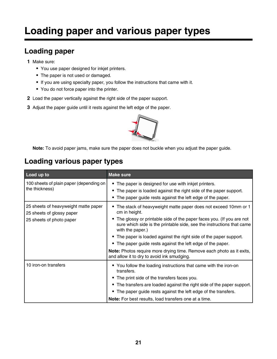 Lexmark 1400 Series manual Loading paper and various paper types, Loading various paper types, Load up to Make sure 