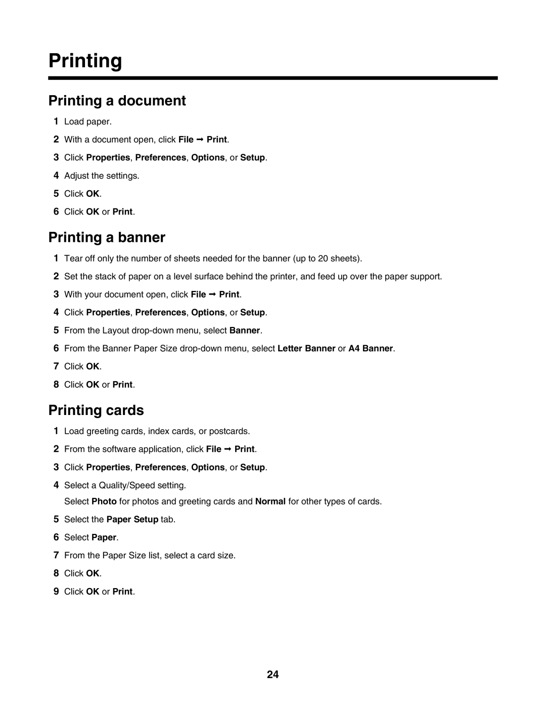 Lexmark 1400 Series manual Printing a document, Printing a banner, Printing cards 
